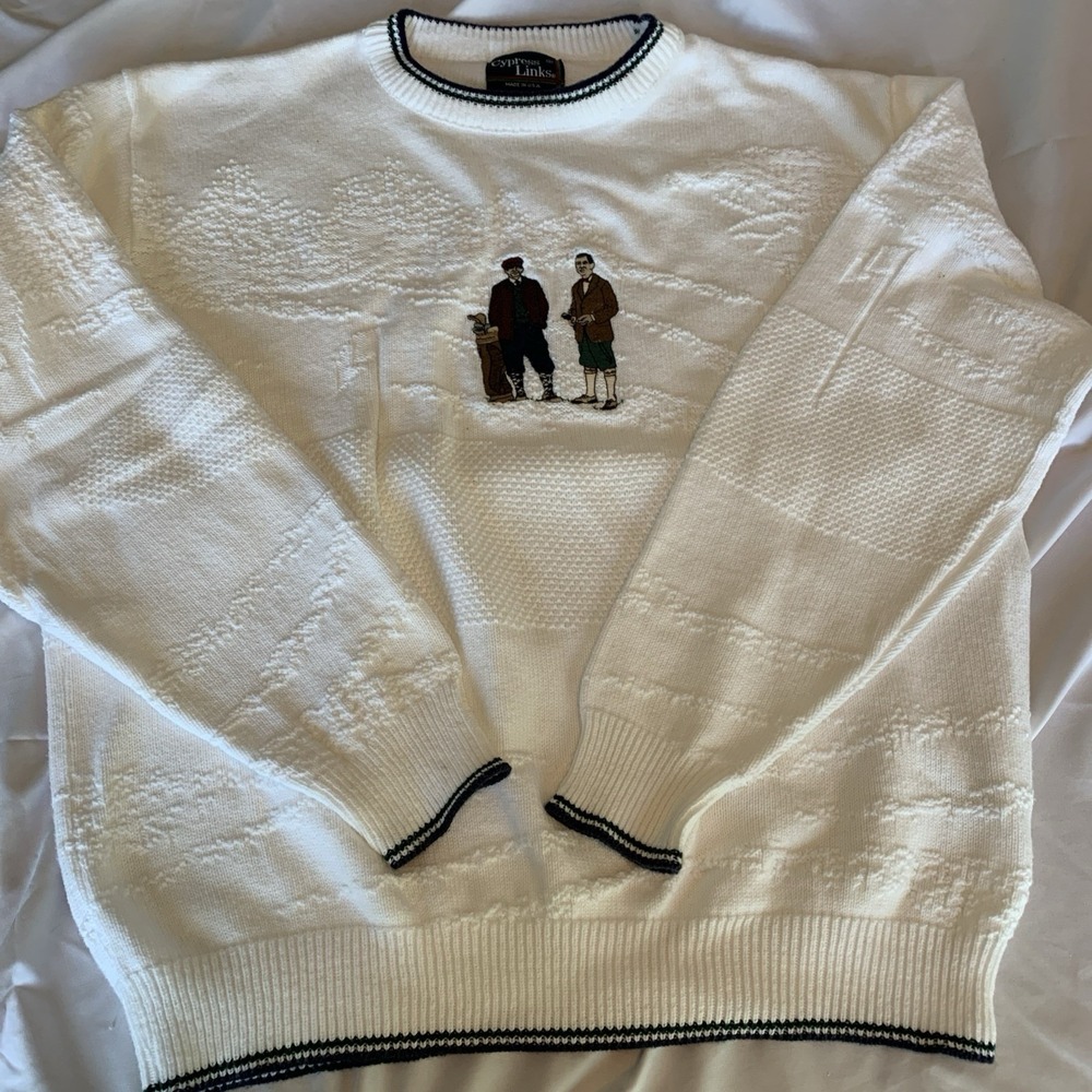 Vintage Cypress Links Mens White Golf Sweater Embroidered Graphic Crewneck L USA